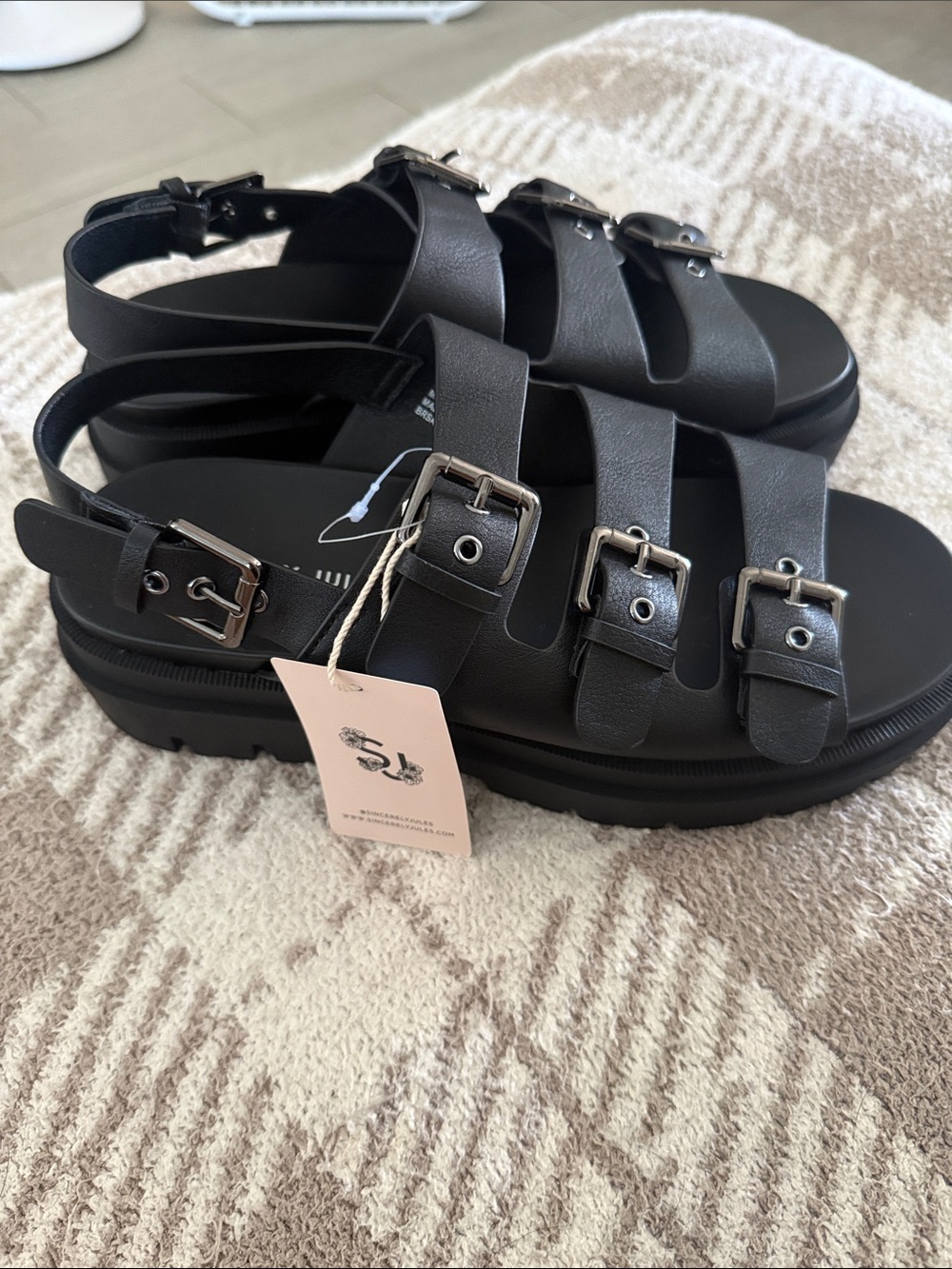 Sincerely Jules Black Chunky Lug Buckle Mules